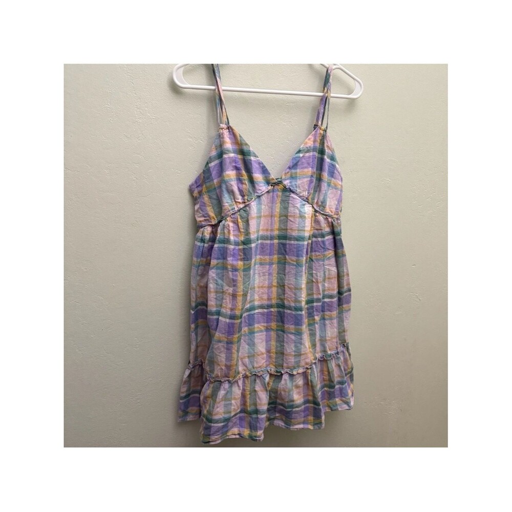 wild fable Pastel Plaid Sundress large L Lavender Pink spaghetti strap vneck A1